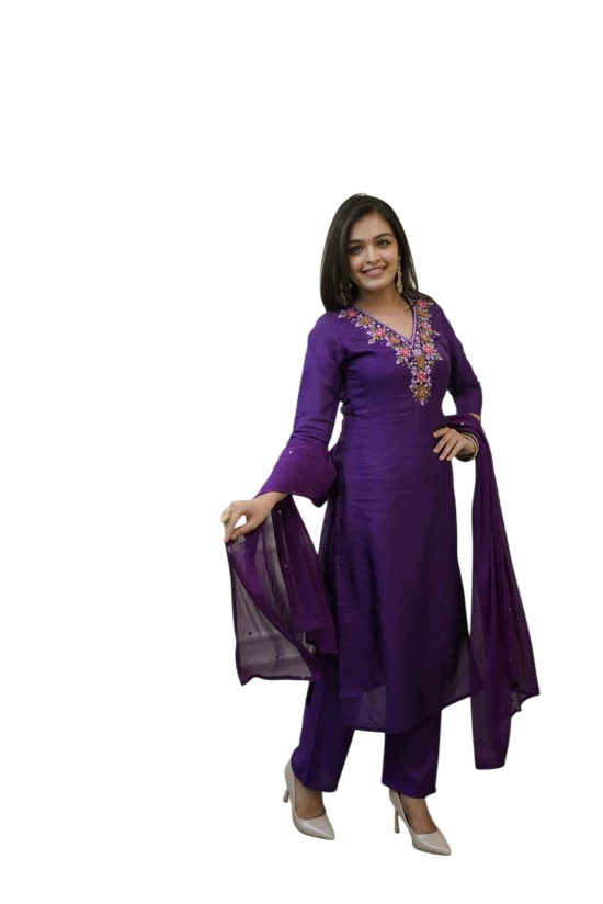 DHWANIX LOOK Women Embroidered Vichitra Silk Kurta Pant Set with Chanderi Dupatta | Purple Ethnic Wear | Festive & Party Wear Kurta Set