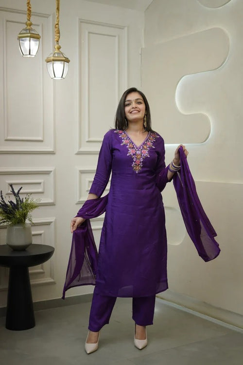 DHWANIX LOOK Women Embroidered Vichitra Silk Kurta Pant Set with Chanderi Dupatta | Purple Ethnic Wear | Festive & Party Wear Kurta Set