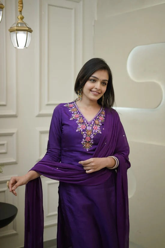 DHWANIX LOOK Women Embroidered Vichitra Silk Kurta Pant Set with Chanderi Dupatta | Purple Ethnic Wear | Festive & Party Wear Kurta Set