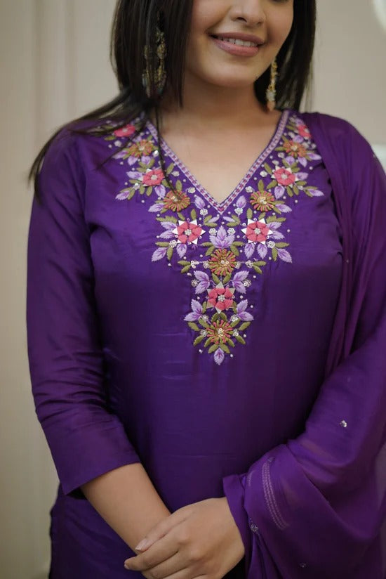 DHWANIX LOOK Women Embroidered Vichitra Silk Kurta Pant Set with Chanderi Dupatta | Purple Ethnic Wear | Festive & Party Wear Kurta Set