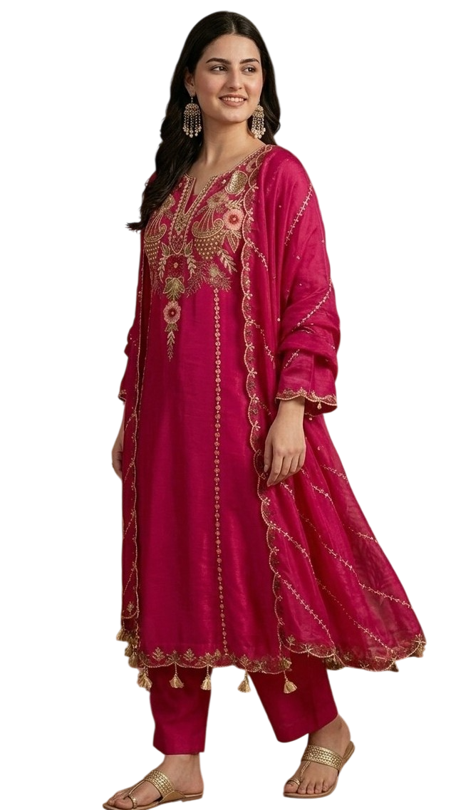 Women’s Embroidered Viscose Chanderi Kurta Set with Dupatta