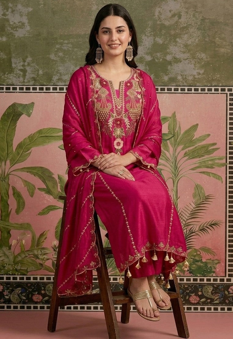 Women’s Embroidered Viscose Chanderi Kurta Set with Dupatta