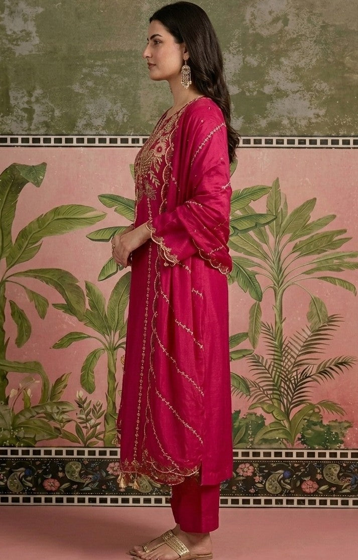 Women’s Embroidered Viscose Chanderi Kurta Set with Dupatta