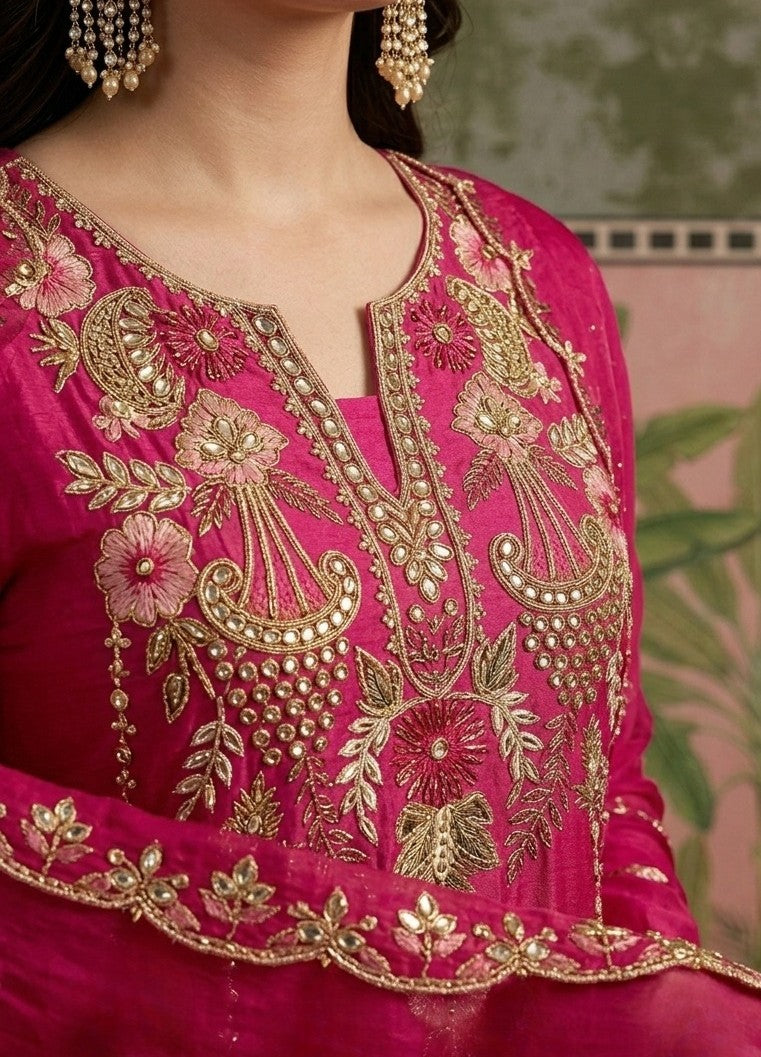 Women’s Embroidered Viscose Chanderi Kurta Set with Dupatta