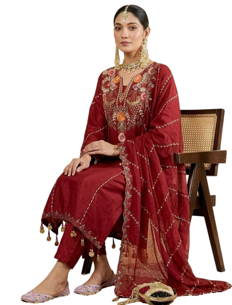 Women’s Embroidered Viscose Chanderi Kurta Set with Dupatta