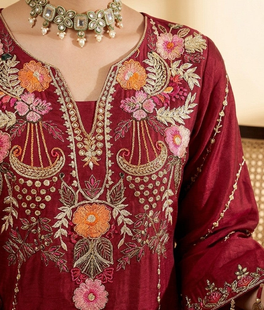 Women’s Embroidered Viscose Chanderi Kurta Set with Dupatta