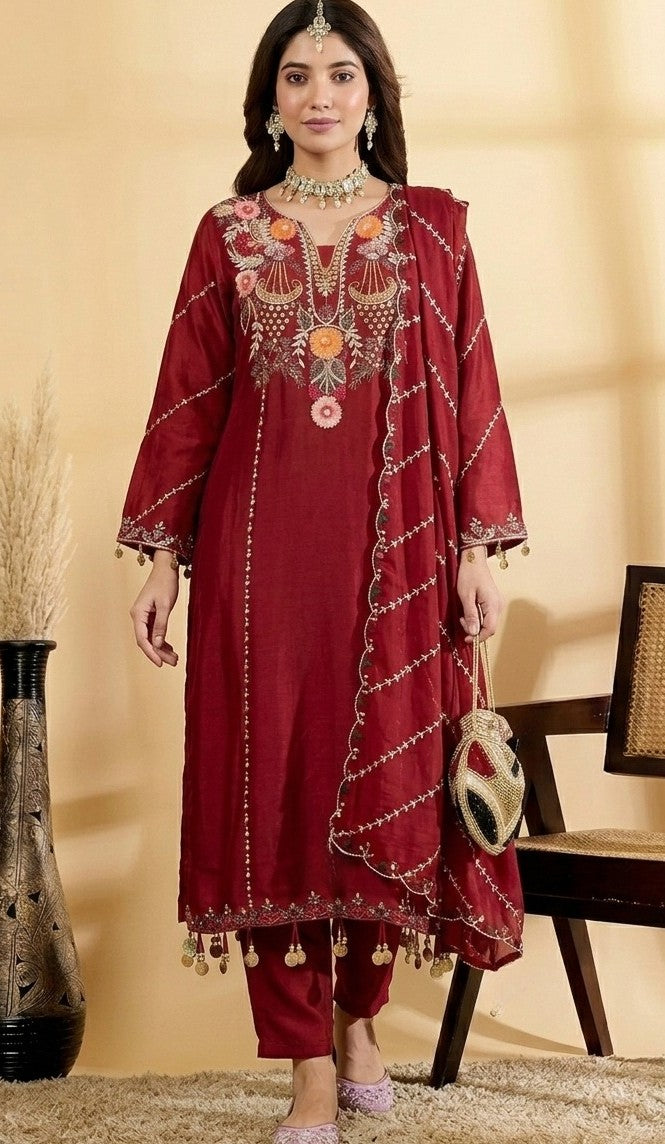 Women’s Embroidered Viscose Chanderi Kurta Set with Dupatta